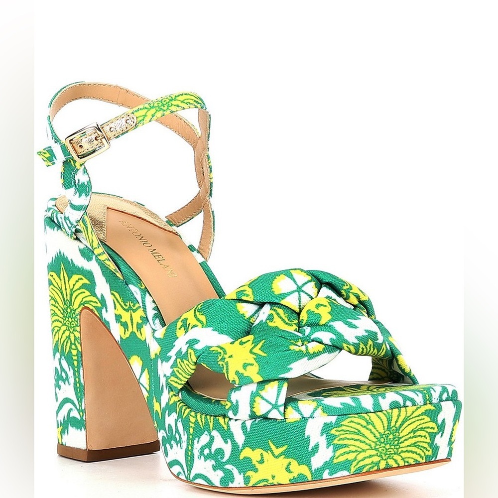 NWT Antonio Melani Mya Palm Print Platform Sandals Green Block Heel 8.5